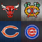 Chicago Sports Fan Recycled Vintage Illinois License Plate Art Bulls Blackhawks Bears And Cubs Art Print