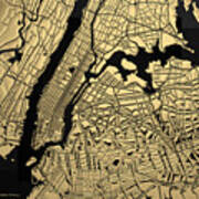 Cities Of Gold - Golden City Map New York On Black Art Print