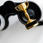 Closeup Of Small Trophy And Binoculars On White Background Art Print
