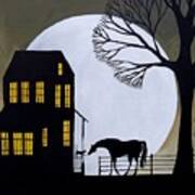 Company At Night - Silhouette Horse Cat Moon Art Print