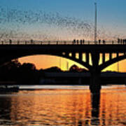 Congress Avenue Bridge Bats Take Flight For A Feeding Under A Golden Orange Texas Sunset Art Print