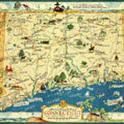 Connecticut 1930s Map With Historical Information Art Print