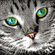 Cool Fractalized Cat Portrait With Amazing Eyes Art Print