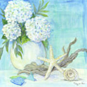Cottage At The Shore 1 White Hydrangea Bouquet W Driftwood Starfish Sea Glass And Seashell Art Print