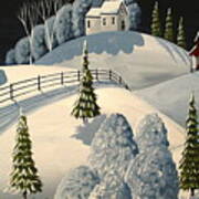 Country Winter Night - Folk Art Landscape Art Print