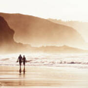 Couple Walking On Beach With Fog Art Print