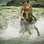 Cowboy Riding Horse Across The River Art Print