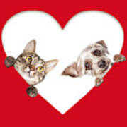 Cute Cat And Dog Peeking Out Of Cutout Heart Art Print