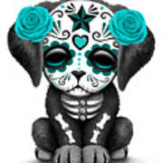 Cute Teal Blue Day Of The Dead Sugar Skull Dog Art Print