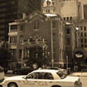 Denver Downtown With Yellow Cab Sepia Art Print