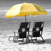 Destin Florida Beach Chairs And Yellow Umbrella Square Format Color Splash Black And White Art Print