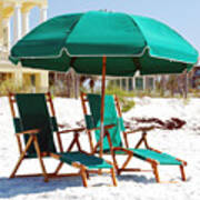 Destin Florida Empty Beach Chair Pair And Green Umbrella Square Format Art Print