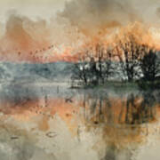 Digital watercolor painting of Beautiful tranquil landscape of