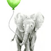 Elephant Watercolor Green Balloon Kids Room Art Art Print