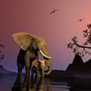 Elephants At The Water Hole Art Print