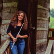 Female Flute Player At Log Cabin Art Print