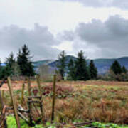 Field, Clouds, Distant Foggy Hills Art Print