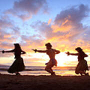 Five Hula Dancers At Sunset Art Print