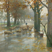 Flock Of Sheep With Shepherdess On A Rainy Day Art Print