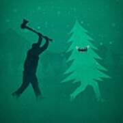 Funny Cartoon Christmas Tree Is Chased By Lumberjack Run Forrest Run Art Print
