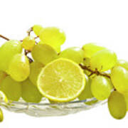 Grapes And Lemon In A Glass Vase Art Print
