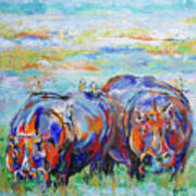 Grazing Hippos Art Print