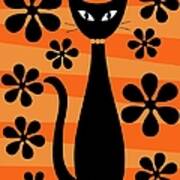 Groovy Flowers With Cat Orange And Light Orange Art Print