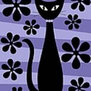 Groovy Flowers With Cat Purple And Light Purple Art Print