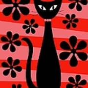 Groovy Flowers With Cat Red And Light Red Art Print