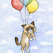 Grumpy Cat And Balloons Art Print