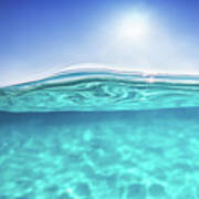 Mediterranean Sea Floor And Blue Sky, Half Underwater Photography