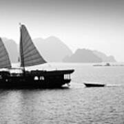 Junk In Halong Bay Black And White Art Print