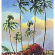 Hawaii, Traditional Cottage With Palms Over Blue Sky Art Print