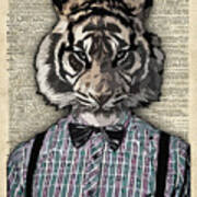 Hipster Tiger  Plaid Shirt Vintage Dictionary Art Beatnik Art Art Print