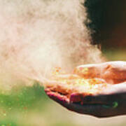 Holi Powder Held In Woman's Hand And A Cloud Of Dust Art Print
