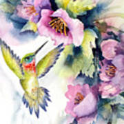 Hummingbird With Pink Flowers Art Print