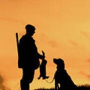 Hunter With Dog At Sunset Art Print