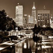 Indianapolis Indiana Skyline At Night - Sepia Edition Art Print