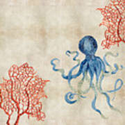 Indigo Ocean - Octopus Floating Amid Red Fan Coral Art Print