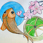 Karp And Cherry Blooms Art Print