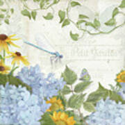 Le Petit Jardin 2 - Garden Floral W Dragonfly, Butterfly, Daisies And Blue Hydrangeas Art Print