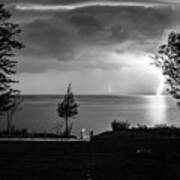 Lightning On Lake Michigan At Night In Bw Art Print