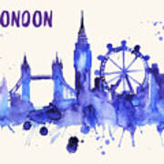 London Skyline Watercolor Poster - Cityscape Painting Artwork Art Print