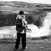 Lone Female Tourist At Gullfoss Waterfall Iceland Art Print