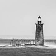Maine Ram Island Ledge Lighthouse And Windy Surf In Bw Panorama Art Print