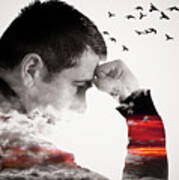 Man Thinking Double Exposure With Birds Art Print