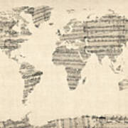 Map Of The World Map From Old Sheet Music Art Print
