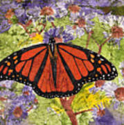 Monarch Butterfly On Purple Flowers Watercolor Batik Art Print