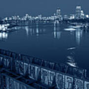 Monochrome Blue Nights Charles River At Dusk Dewolfe Boathouse Boston Skyline Art Print