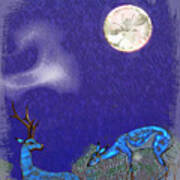 Moonset Over Blue Deer Art Print